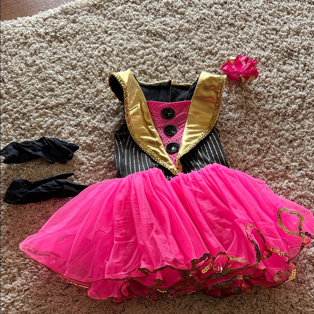 Dansco dance costume pink black gold sparkly child small one piece leotard tutu